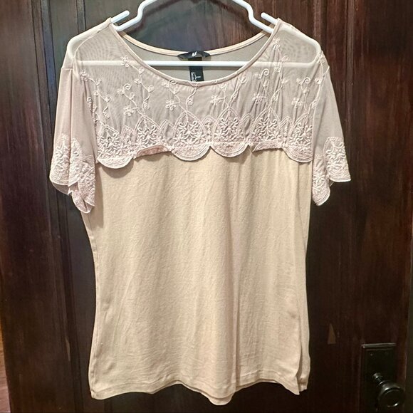 Stretchy Pink, Fitted Blouse with Sheer, Lace Shoulders and Sleeves - Picture 1 of 6